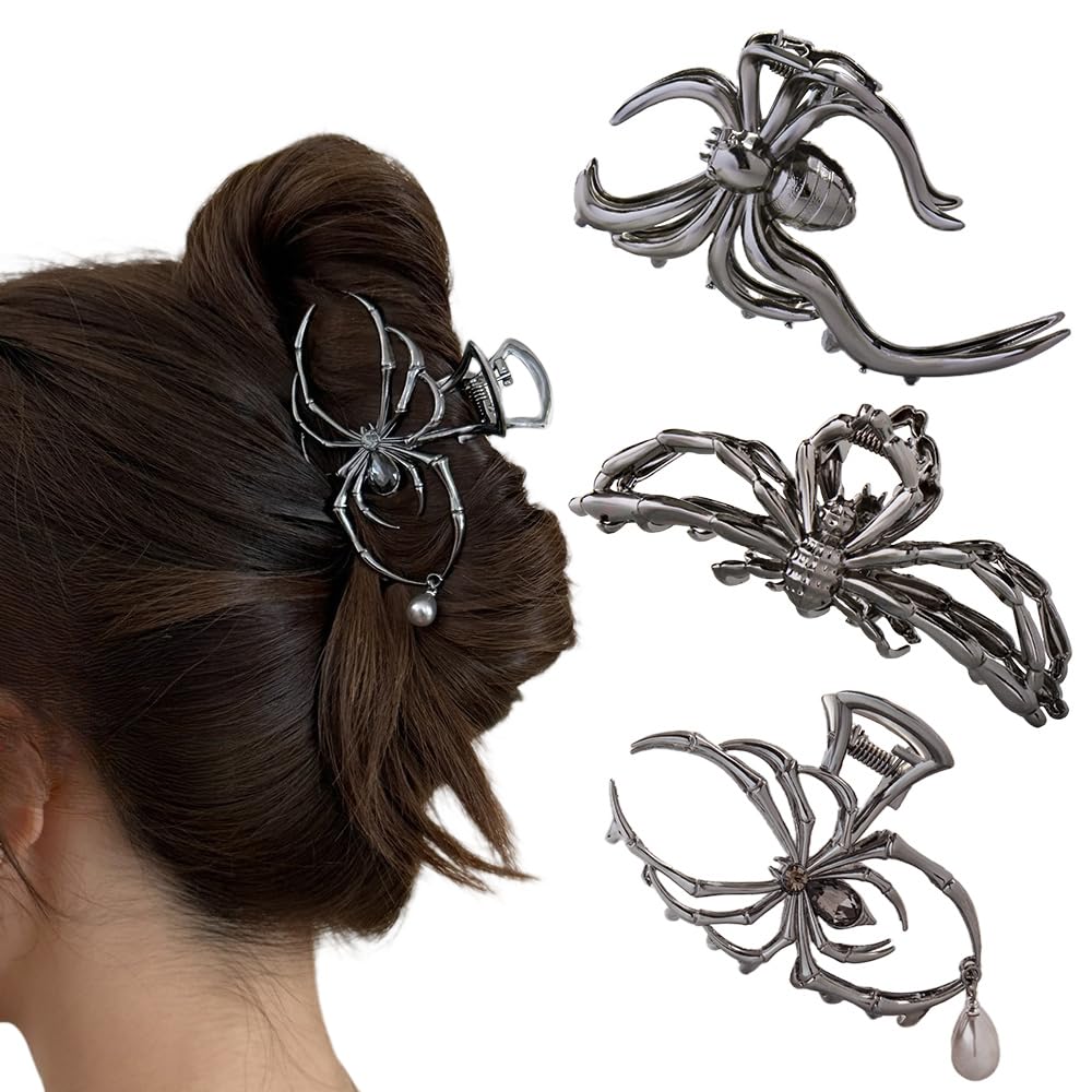 Halloween 3PCS Spider Hair Claw Clips Hair Accessories for Women Girls, Gothic Black Metal with Pearl Charms Large Medium Size Catch Clips for thick Hair Styling Tool Holiday Gifts(Black Gun)