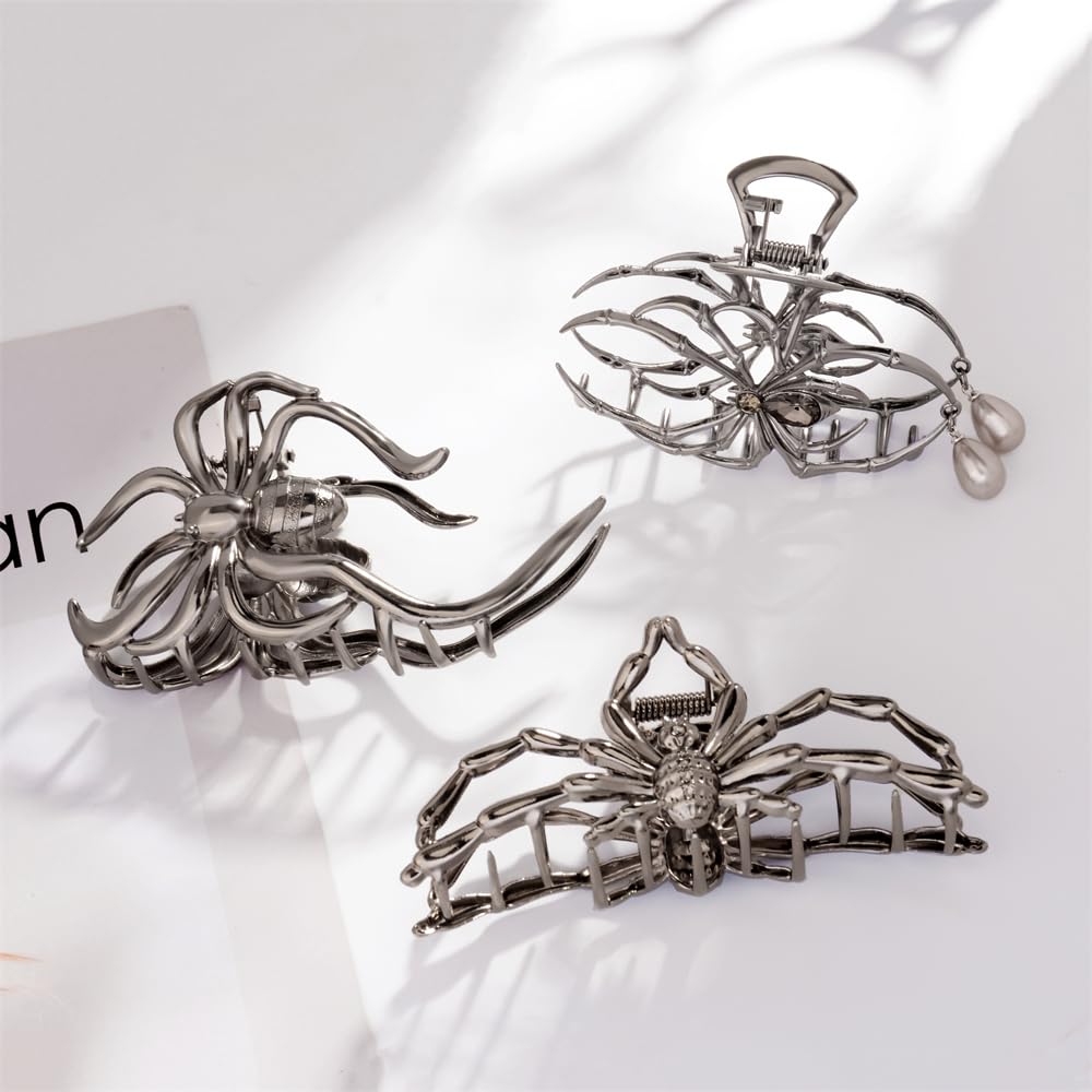 Halloween 3PCS Spider Hair Claw Clips for Women, Gothic Black Metal with Pearl Charms, Large & Medium, Thick Hair Styling Tool, Holiday Gift (Black Gun)