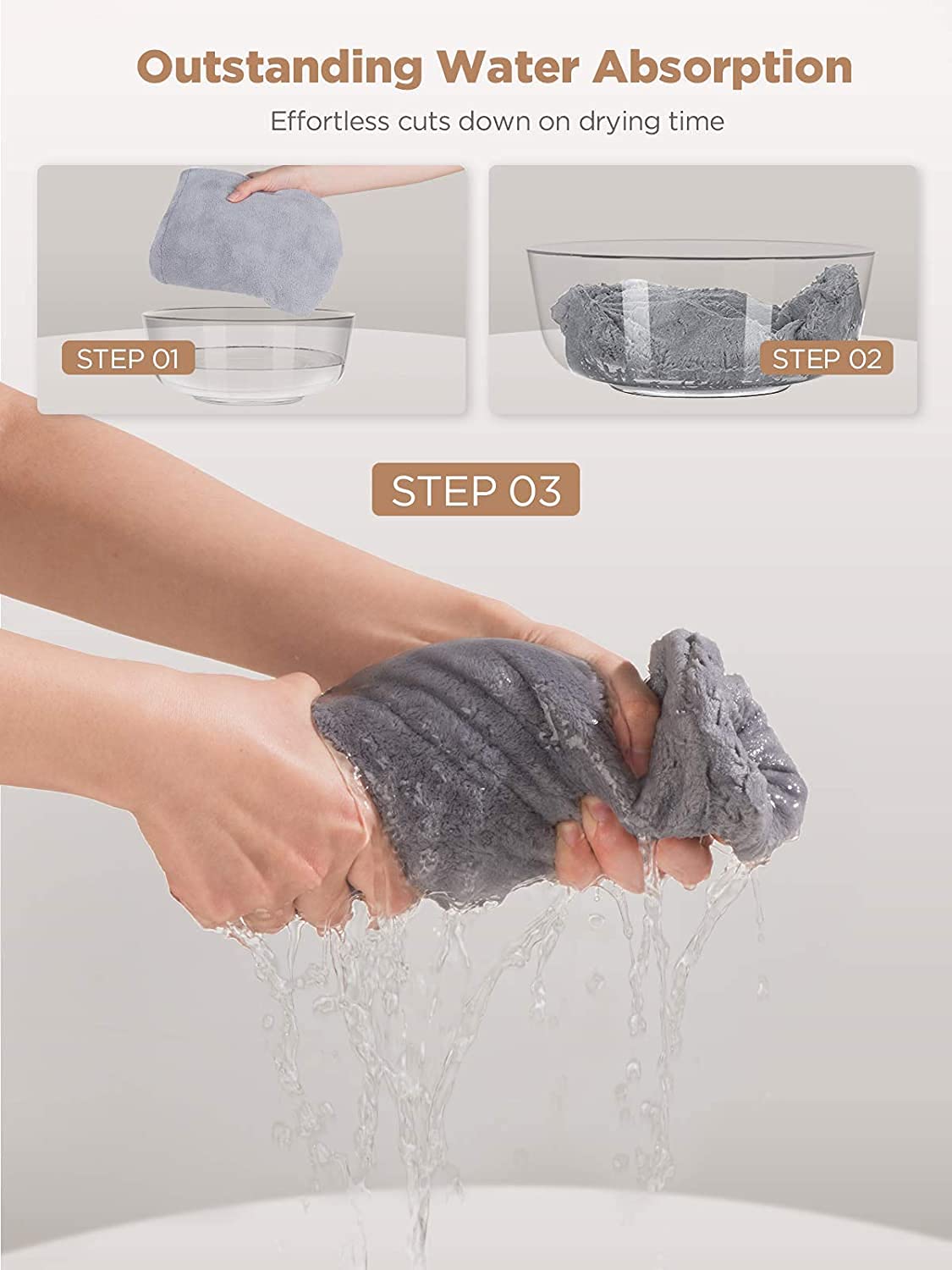 3Pcs Microfiber Hair Towel Turbans for Wet Hair, Anti-Frizz Drying Wraps for Curly Hair Women (Blue, Grey, Pink)