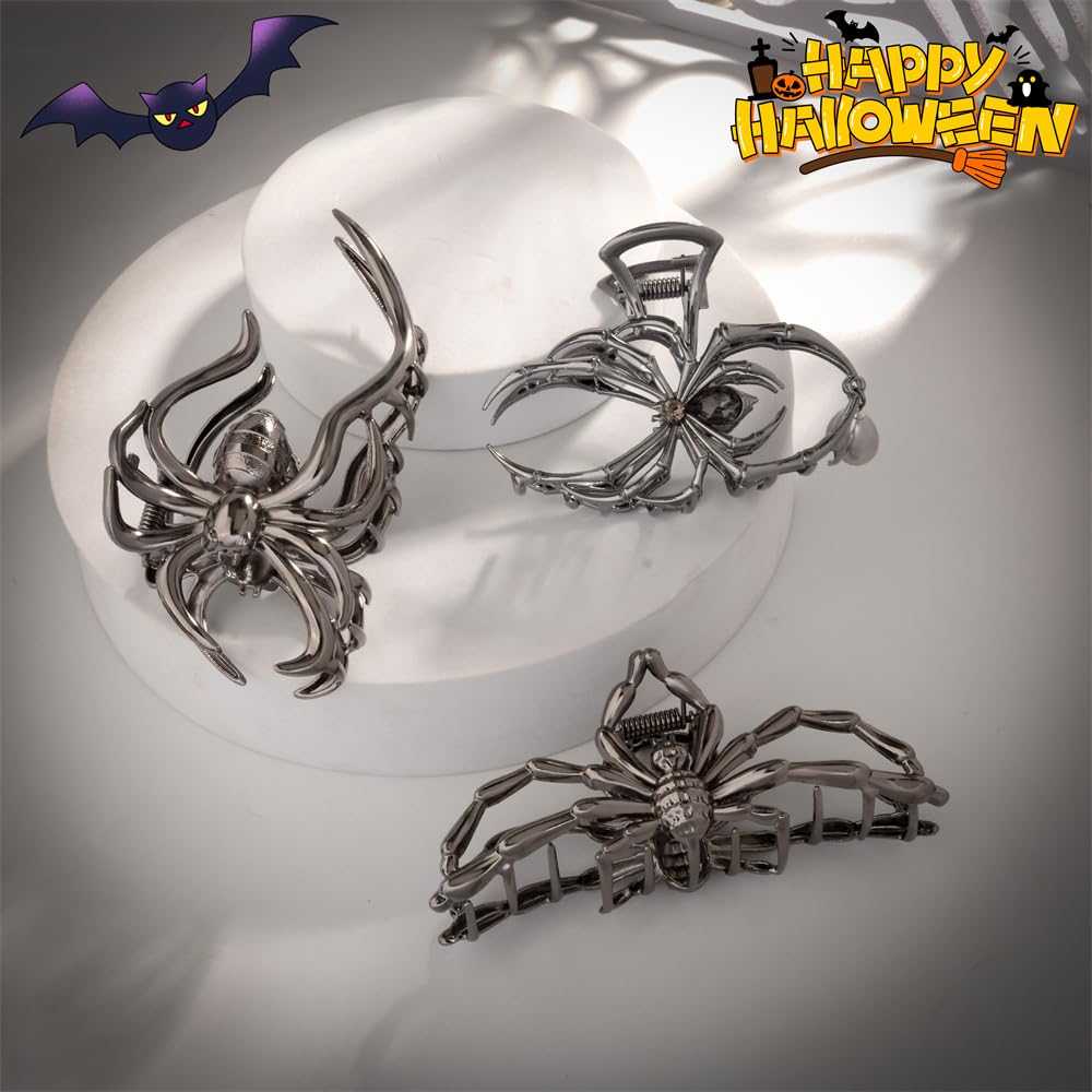 Halloween 3PCS Spider Hair Claw Clips for Women, Gothic Black Metal with Pearl Charms, Large & Medium, Thick Hair Styling Tool, Holiday Gift (Black Gun)