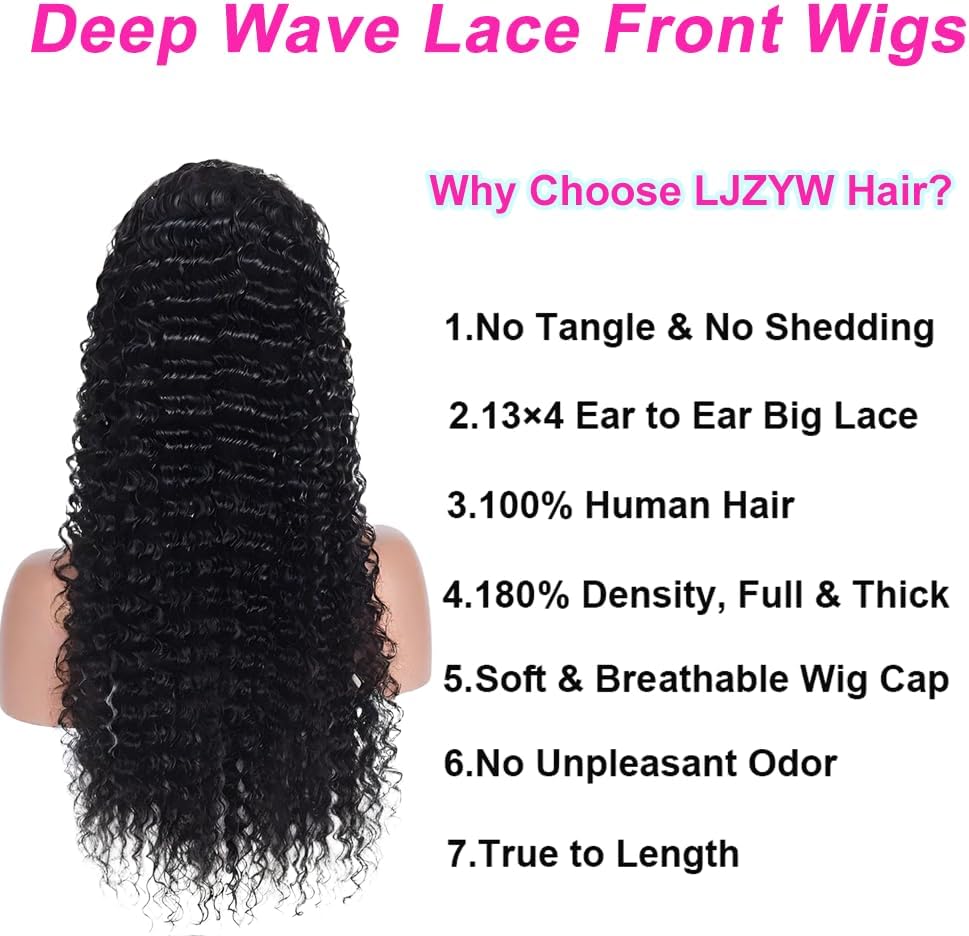 18 Inch Deep Wave Lace Front Wigs Human Hair 13x4 Middle Brown Lace Frontal Wig for Black Women 180% Density Wet and Wavy Wig with Baby Hair Natural Color