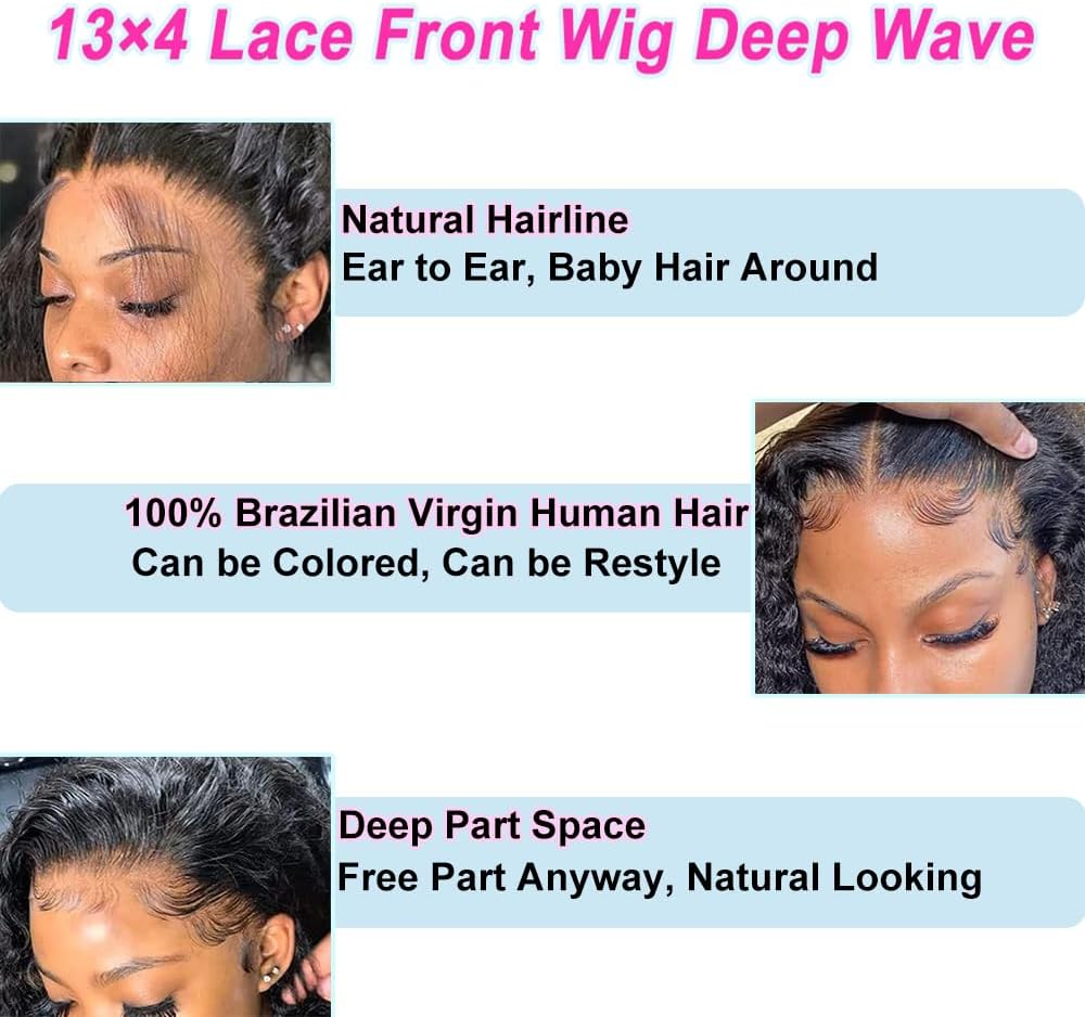 18 Inch Deep Wave Lace Front Wigs Human Hair 13x4 Middle Brown Lace Frontal Wig for Black Women 180% Density Wet and Wavy Wig with Baby Hair Natural Color