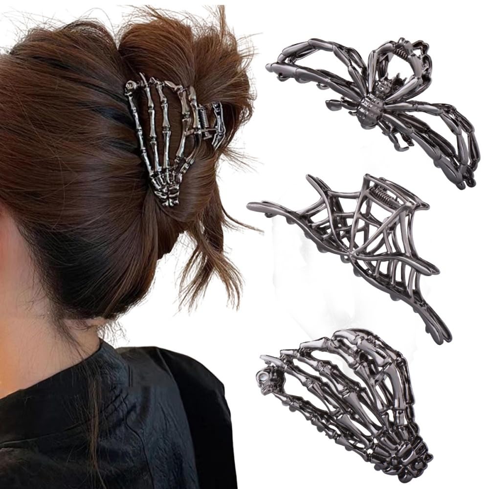 Halloween 3PCS Spider Hair Claw Clips for Women, Gothic Black Metal with Pearl Charms, Large & Medium, Thick Hair Styling Tool, Holiday Gift (Black Gun)