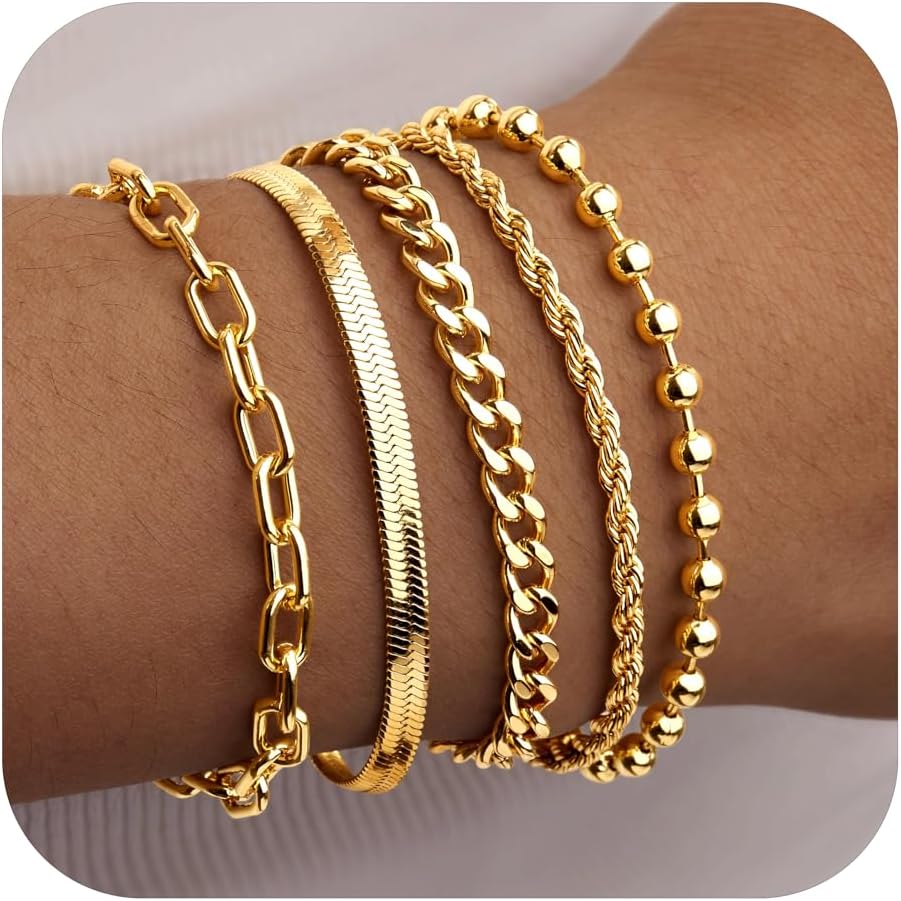 Poxtex Gold Bracelets for Women, 14K Real Gold Dainty 7" +2" Adjustable Multilayer Trendy Bracelets Set for Women Waterproof Inclued Beaded, Cuban, Paperclip, Snake, Rope, Figaro, Mirror, Satellite