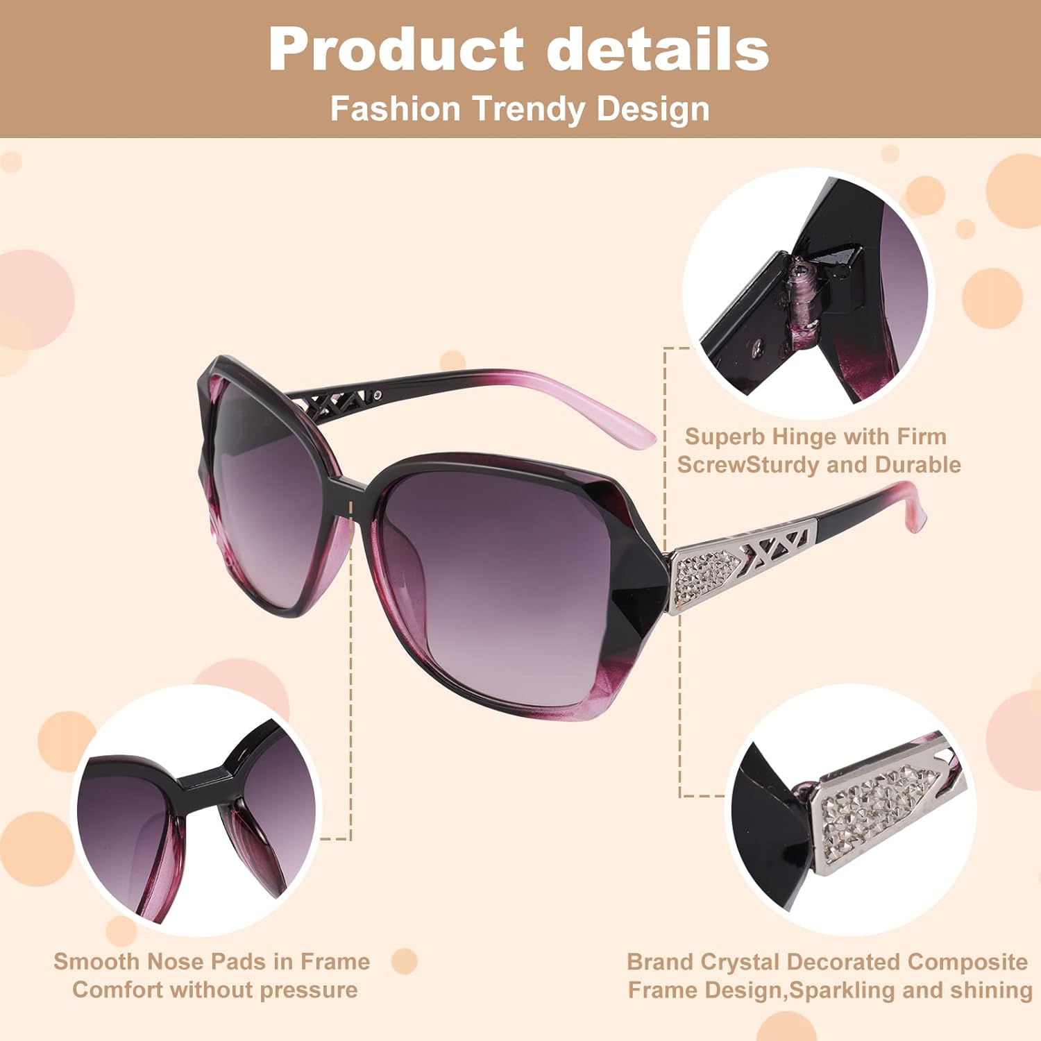 4 Pcs Women Large Sunglasses, UV 400 Glasses Oversized Polarized Sunglasses Classic Trend Ladies Sunglasses Sparkling Large Frame Sunglasses for Women