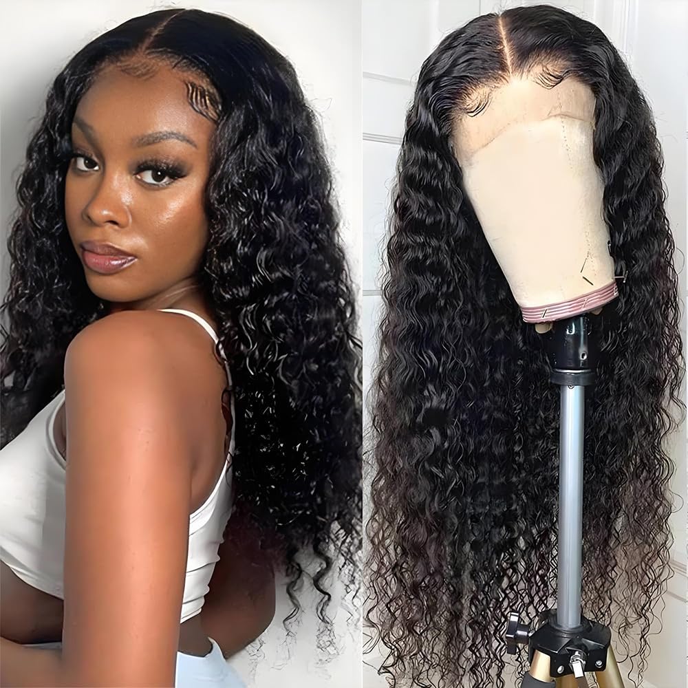 18 Inch Deep Wave Lace Front Wigs Human Hair 13x4 Middle Brown Lace Frontal Wig for Black Women 180% Density Wet and Wavy Wig with Baby Hair Natural Color