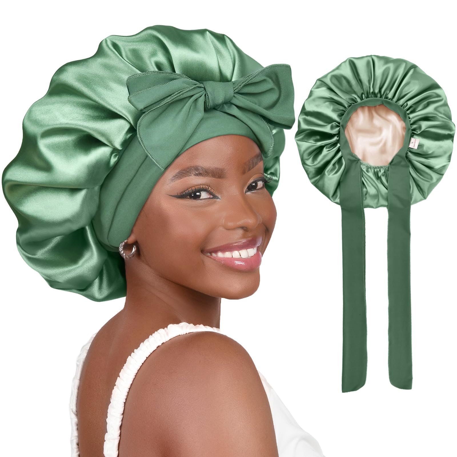 Double Layer Satin & Silk Bonnet – Adjustable Sleeping Hair Bonnet for Curly/Natural Hair (Men & Women)