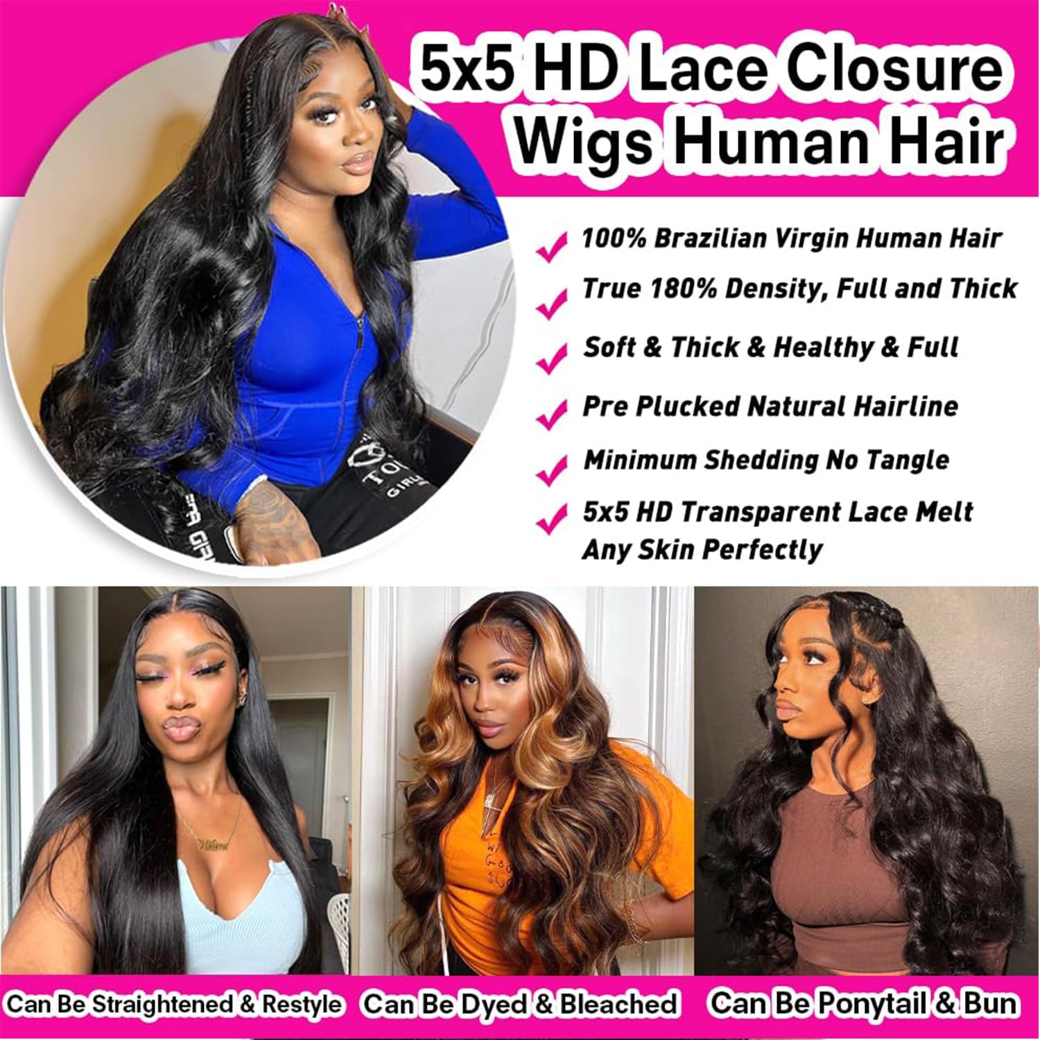 Glueless Wigs Human Hair Pre Plucked 5×5 Precut Lace Front Body Wave Glueless Wigs for Women Human Hair 180% Density No Glue Beginners Friendly 3 Seconds to Wear 24Inch