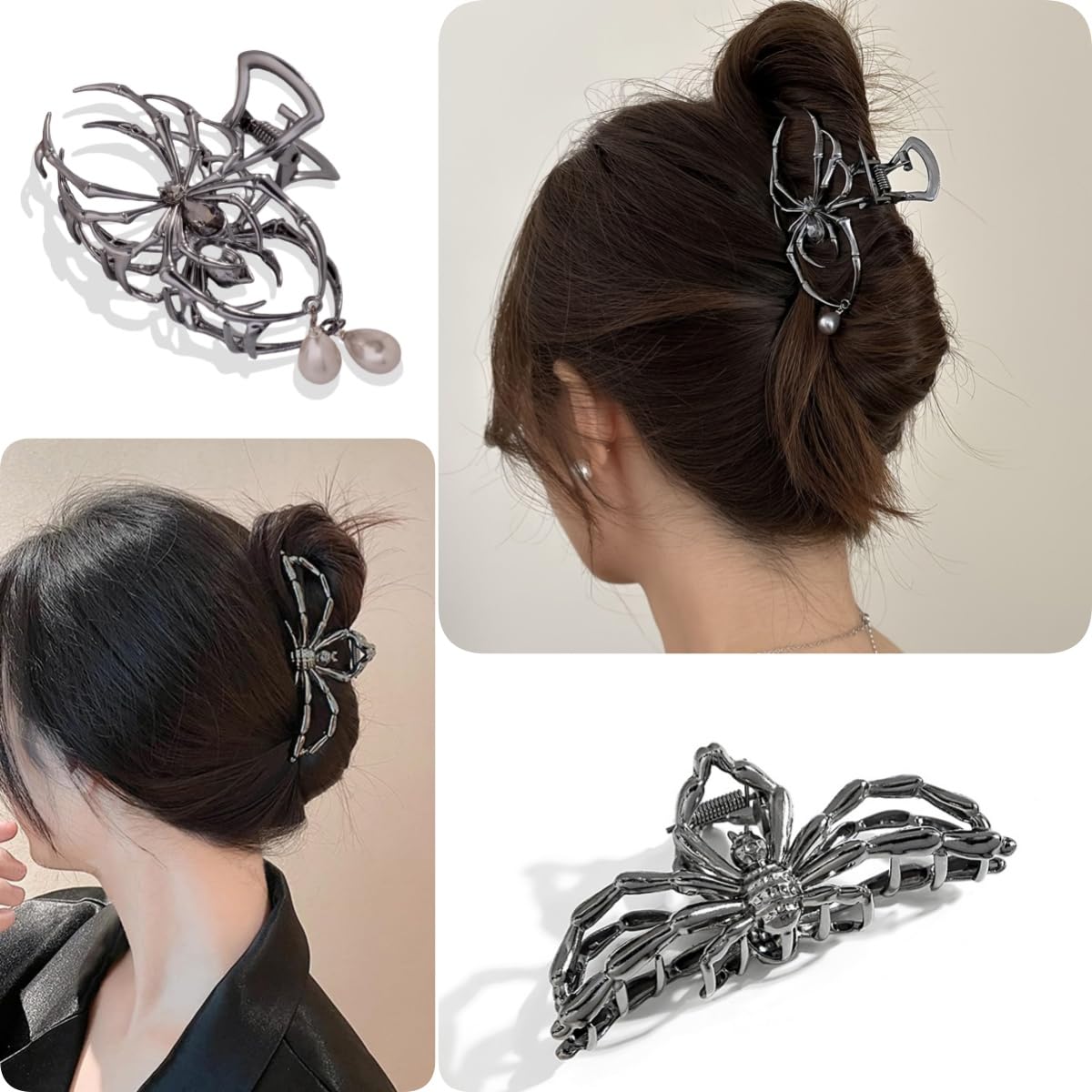 Halloween 3PCS Spider Hair Claw Clips for Women, Gothic Black Metal with Pearl Charms, Large & Medium, Thick Hair Styling Tool, Holiday Gift (Black Gun)