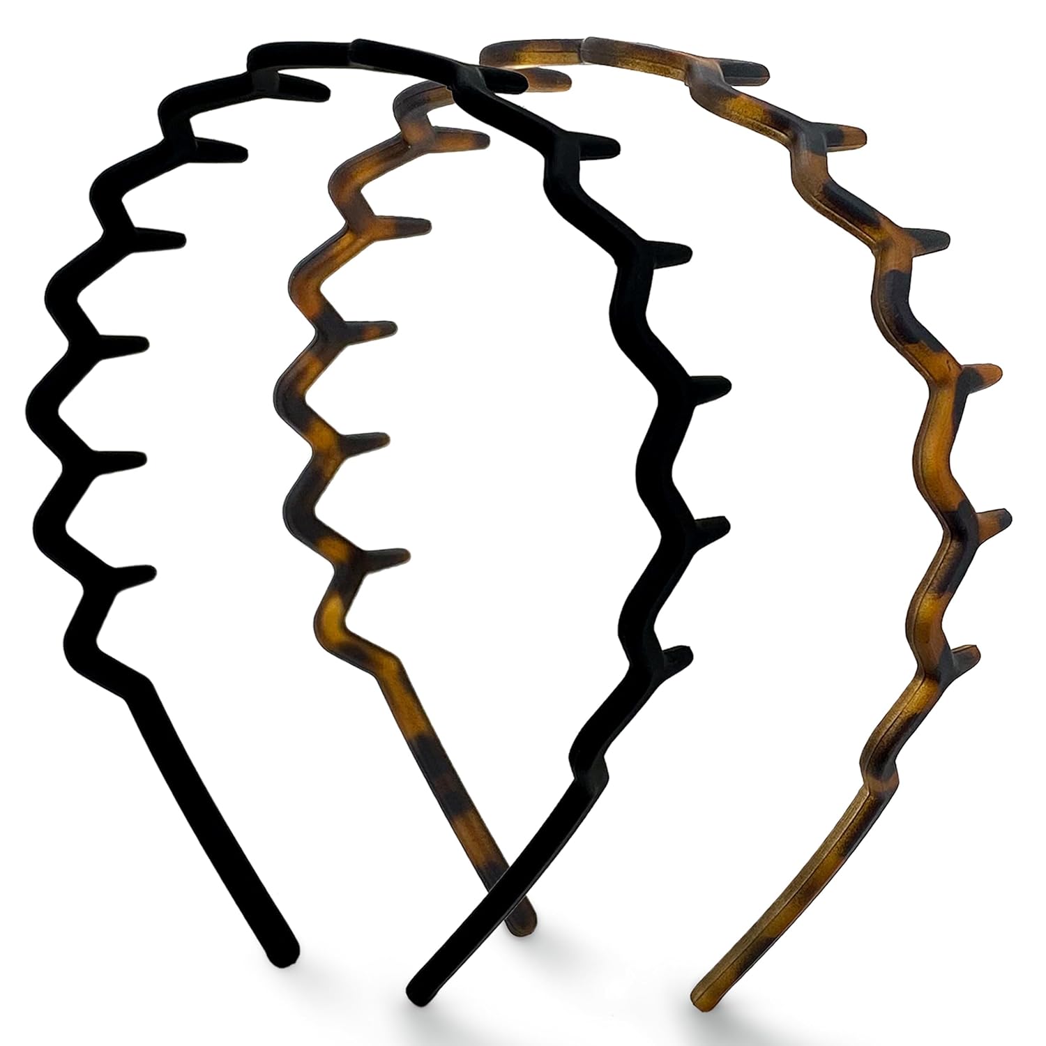 Kitsch Zig Zag Headbands for Women Non Slip – Fashion Accessories for Slicked Back Styles - Comfortable Comb Headband with Teeth - Recycled Plastic Tortoise & Black Headband - 2 pcs