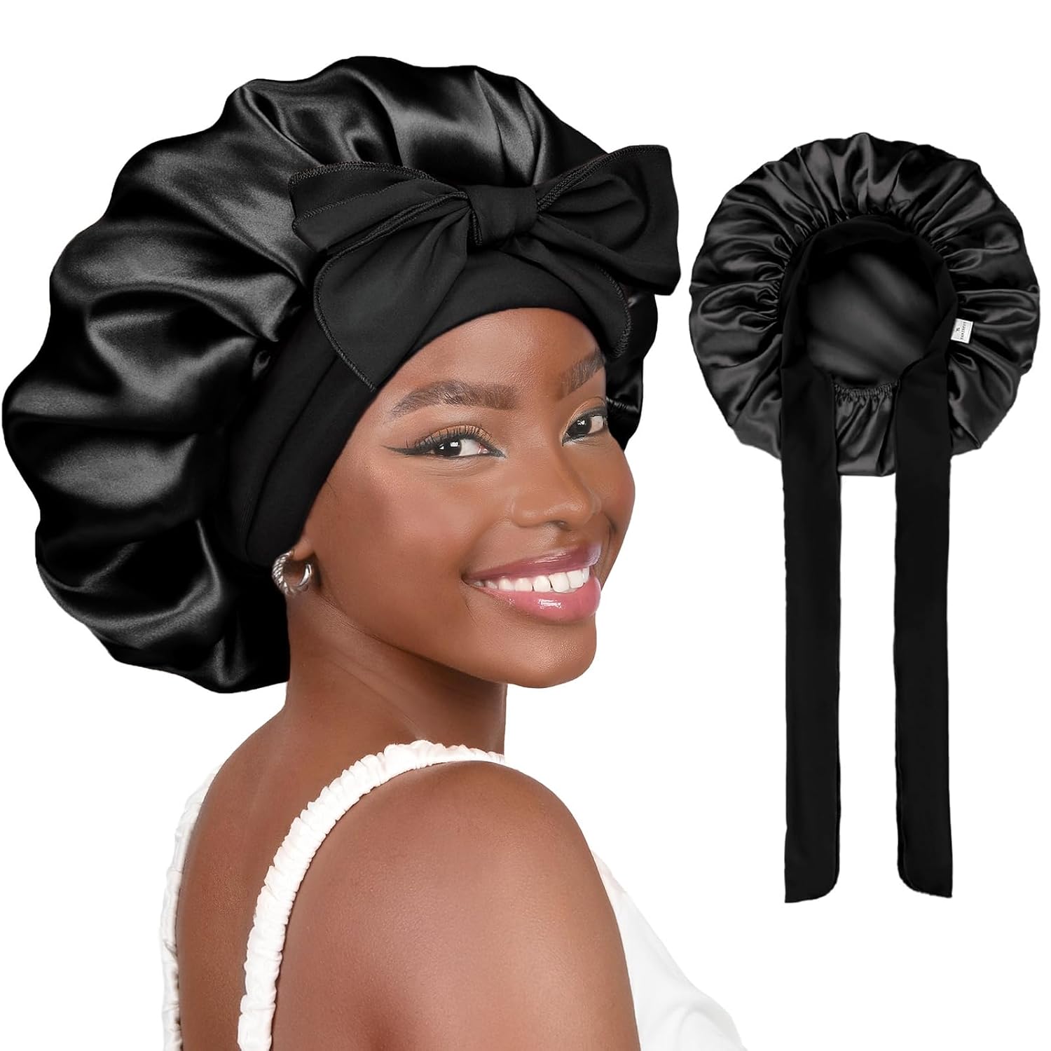 Double Layer Satin & Silk Bonnet – Adjustable Sleeping Hair Bonnet for Curly/Natural Hair (Men & Women)