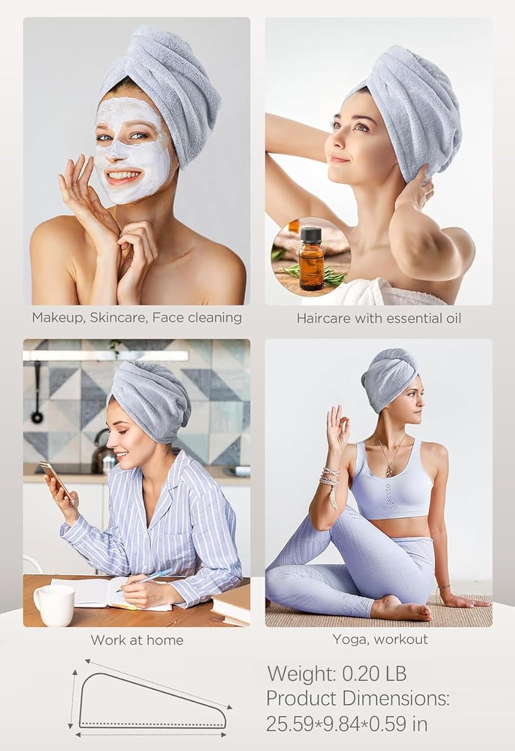 3Pcs Microfiber Hair Towel Turbans for Wet Hair, Anti-Frizz Drying Wraps for Curly Hair Women (Blue, Grey, Pink)