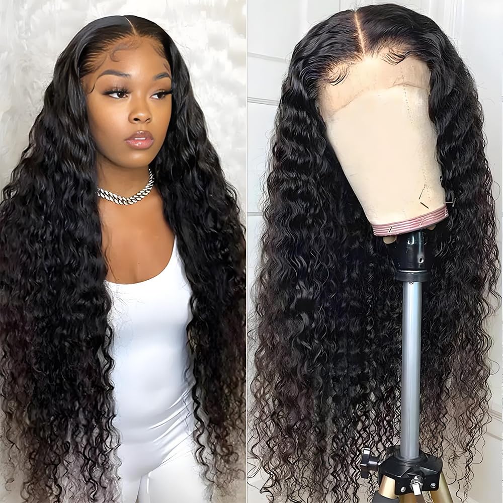 18 Inch Deep Wave Lace Front Wigs Human Hair 13x4 Middle Brown Lace Frontal Wig for Black Women 180% Density Wet and Wavy Wig with Baby Hair Natural Color