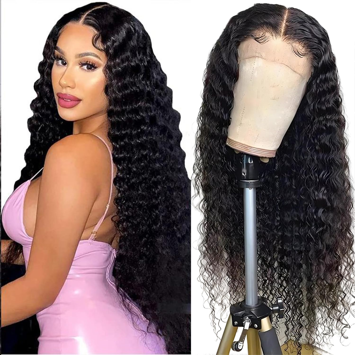 18 Inch Deep Wave Lace Front Wigs Human Hair 13x4 Middle Brown Lace Frontal Wig for Black Women 180% Density Wet and Wavy Wig with Baby Hair Natural Color