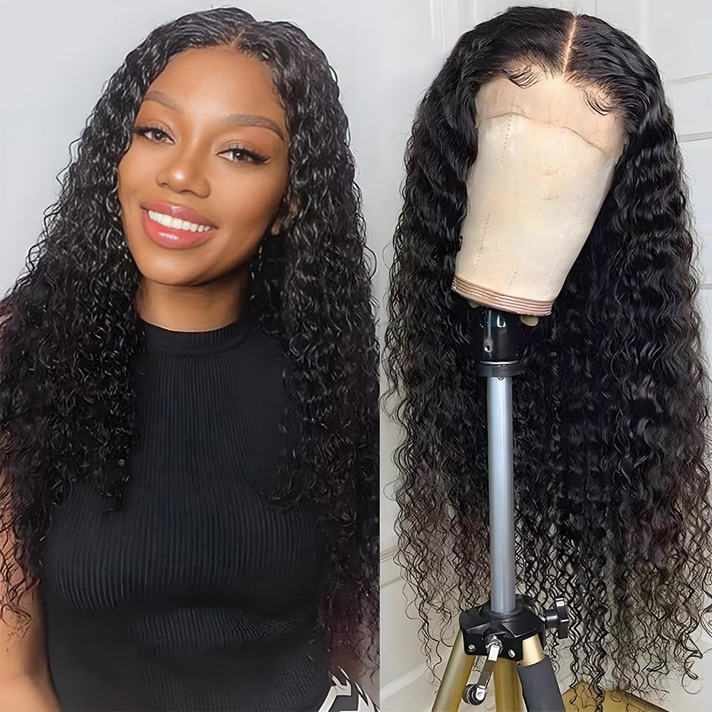 18 Inch Deep Wave Lace Front Wigs Human Hair 13x4 Middle Brown Lace Frontal Wig for Black Women 180% Density Wet and Wavy Wig with Baby Hair Natural Color