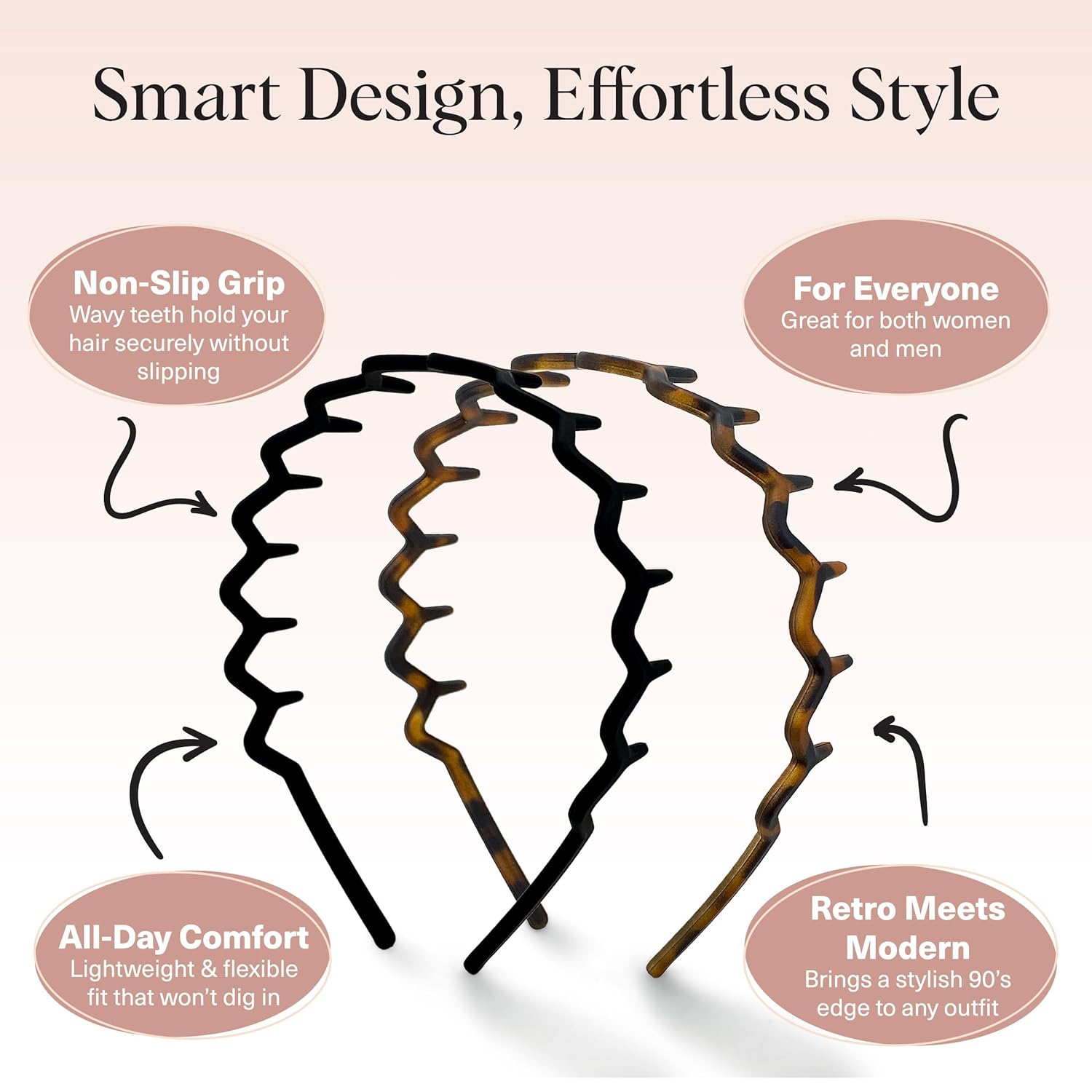 Kitsch Zig Zag Headbands – Non-Slip Comb Teeth for Slicked Back Styles (Tortoise & Black, 2 Pcs)