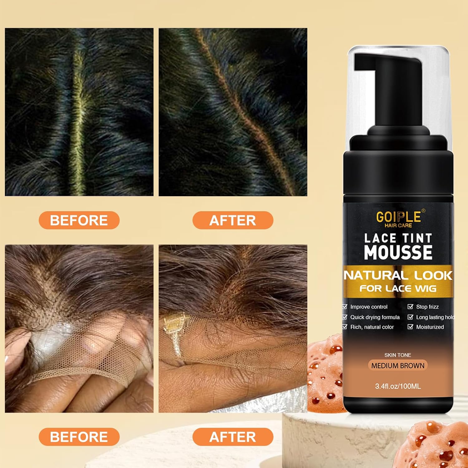 Lace Tint Melting Hair Mousse, Lace Tint Mousse for Women Hair Wigs Wigs Toupees and Hairpieces Natural Finishing Color, Melting Spray Tool Set (Medium Brown)