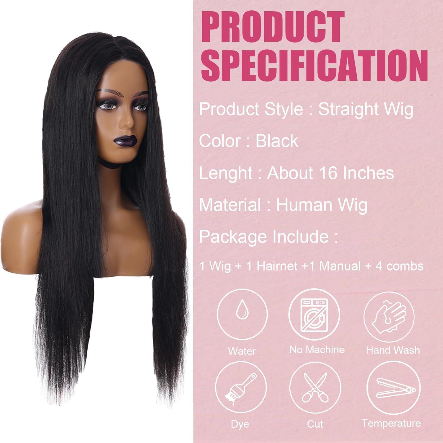 VTKXGG Lace Front Wig 13x6 Straight Human Hair Wig for Women Long Natural Black Human Hair 180% Density Lace Frontal Human Wigs for Black Women Peruque Femme Cheveux Humain (16 Inch)