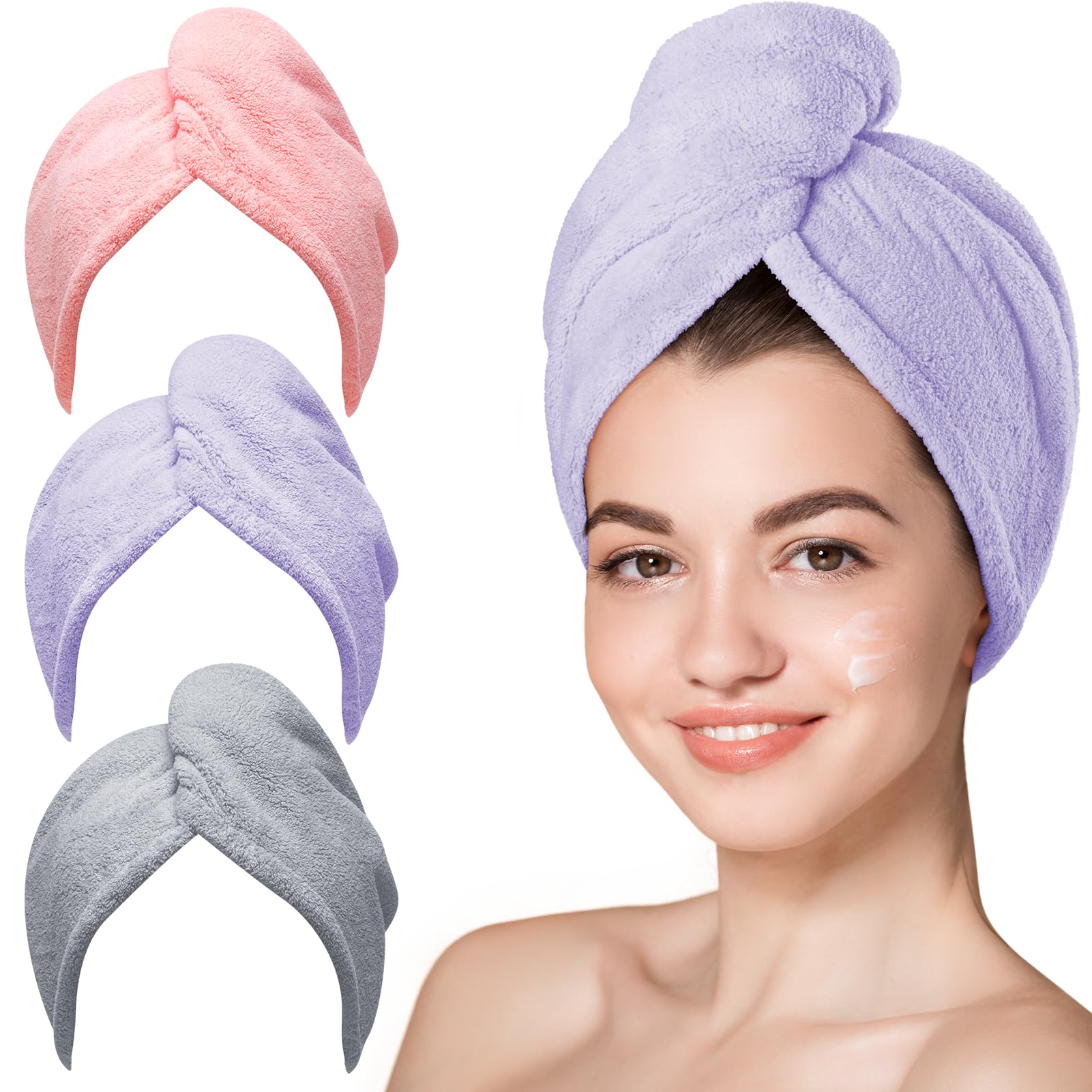3Pcs Microfiber Hair Towel Turbans for Wet Hair, Anti-Frizz Drying Wraps for Curly Hair Women (Blue, Grey, Pink)