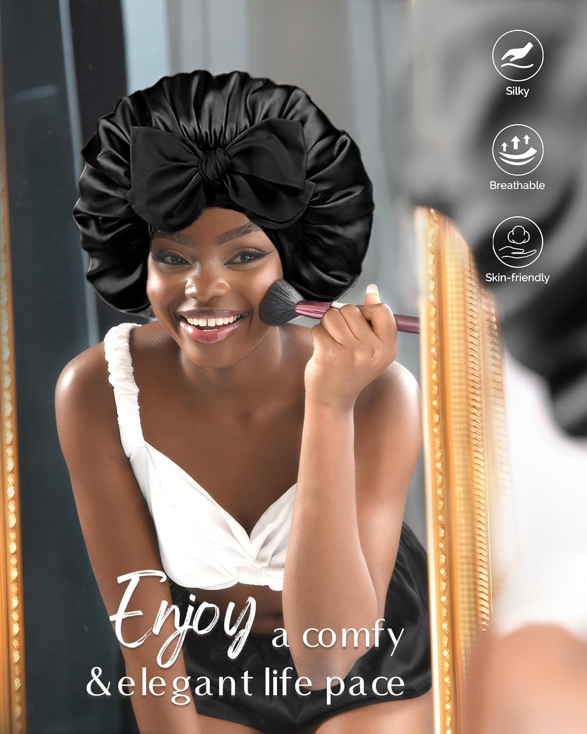 Double Layer Satin & Silk Bonnet – Adjustable Sleeping Hair Bonnet for Curly/Natural Hair (Men & Women)