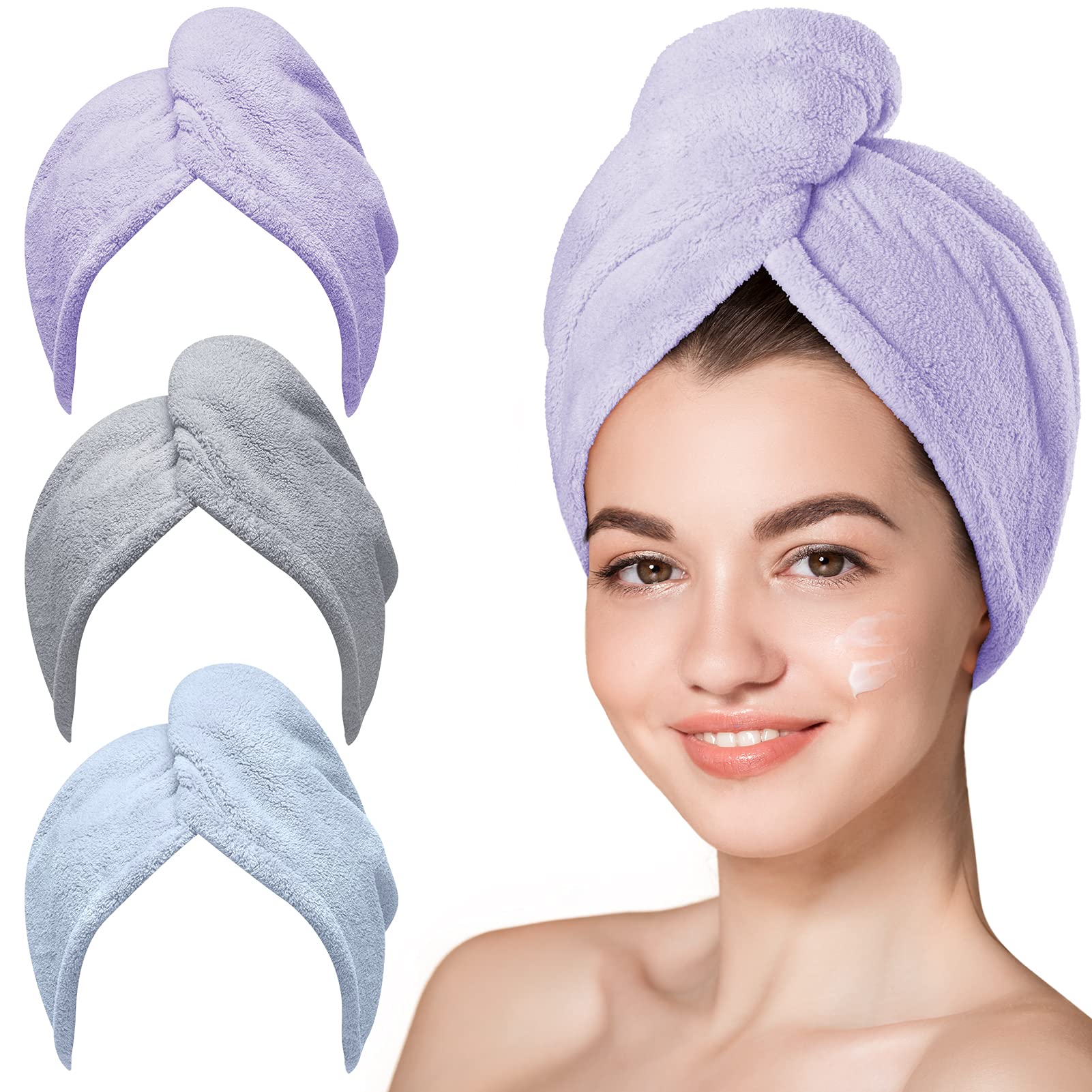 3Pcs Microfiber Hair Towel Turbans for Wet Hair, Anti-Frizz Drying Wraps for Curly Hair Women (Blue, Grey, Pink)