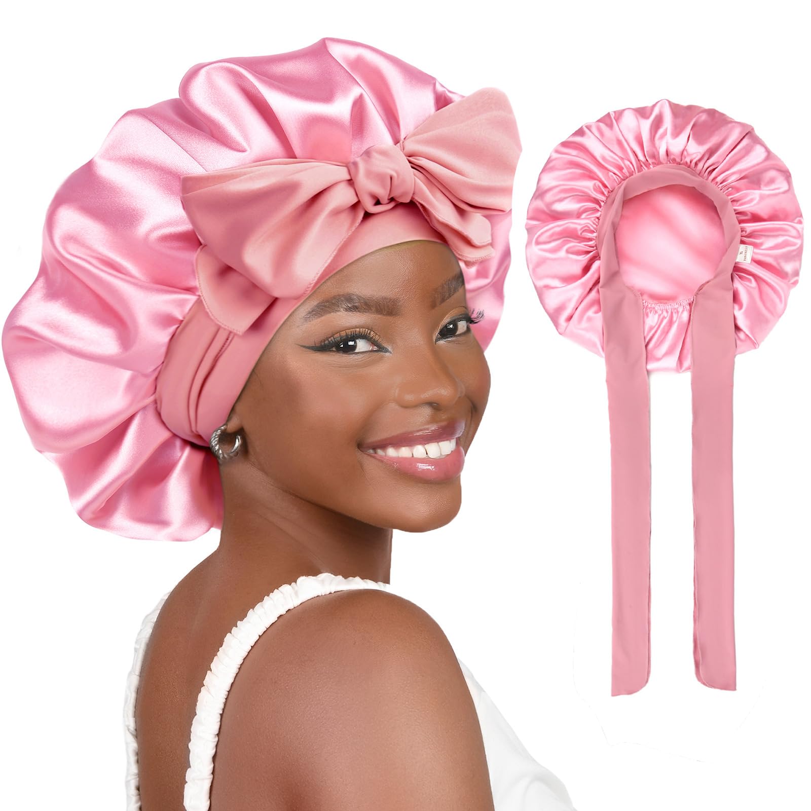 Double Layer Satin & Silk Bonnet – Adjustable Sleeping Hair Bonnet for Curly/Natural Hair (Men & Women)