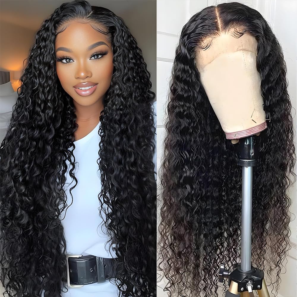 18 Inch Deep Wave Lace Front Wigs Human Hair 13x4 Middle Brown Lace Frontal Wig for Black Women 180% Density Wet and Wavy Wig with Baby Hair Natural Color