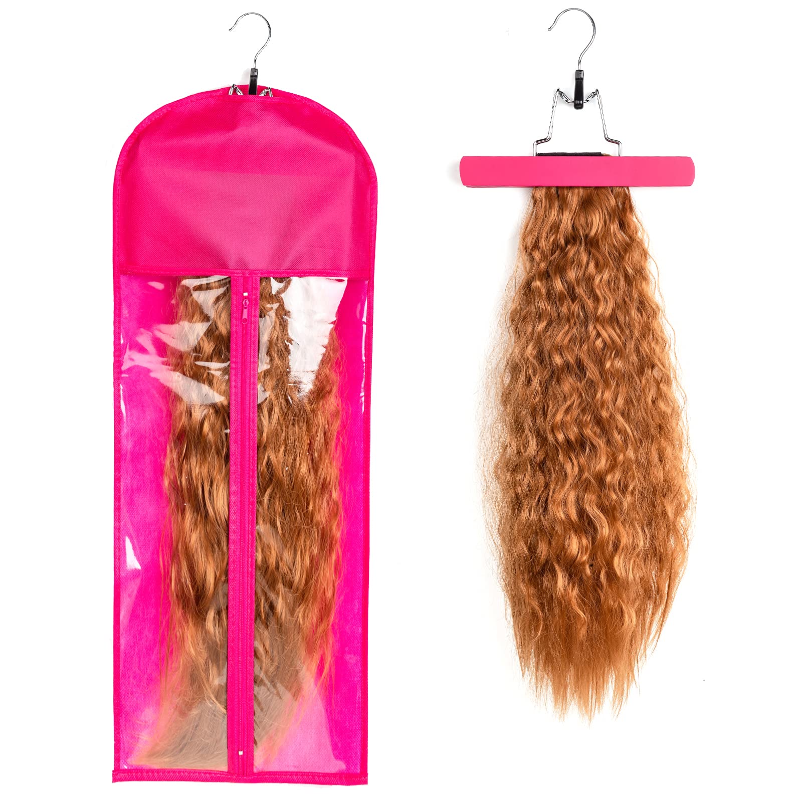 1-Pack Pink Hair Extension & Wig Hanger with Storage Bag – Travel Carrier for Hairpieces & Bundles