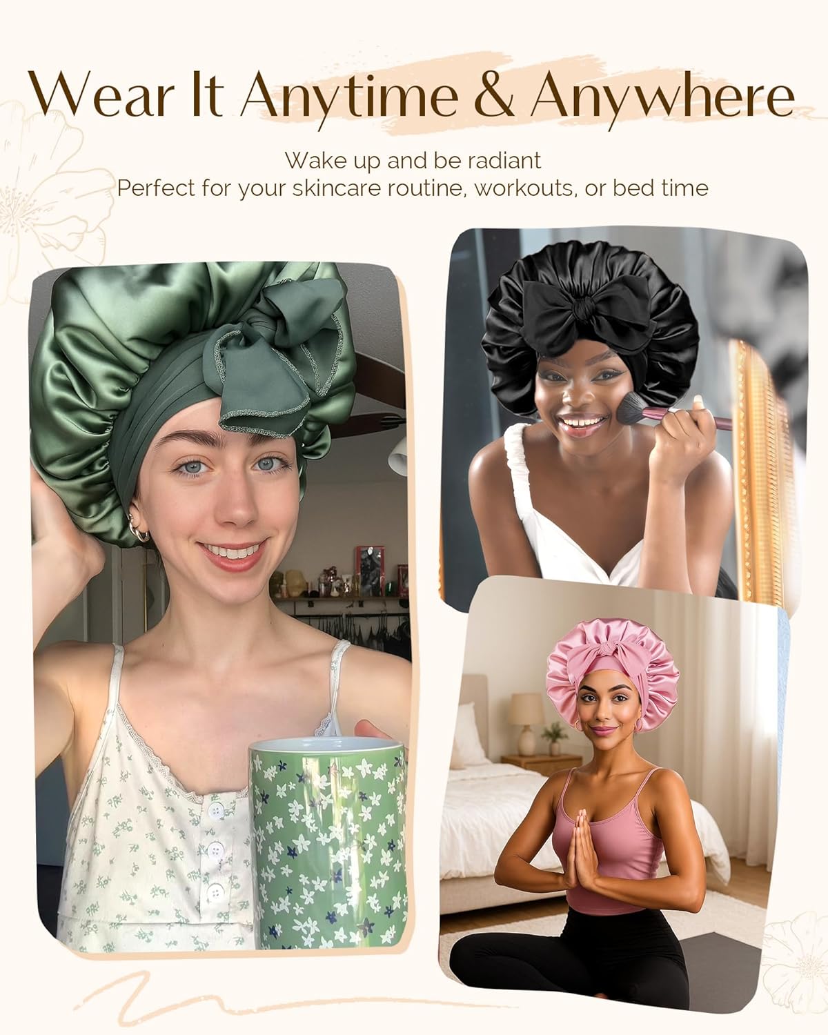 Double Layer Satin & Silk Bonnet – Adjustable Sleeping Hair Bonnet for Curly/Natural Hair (Men & Women)
