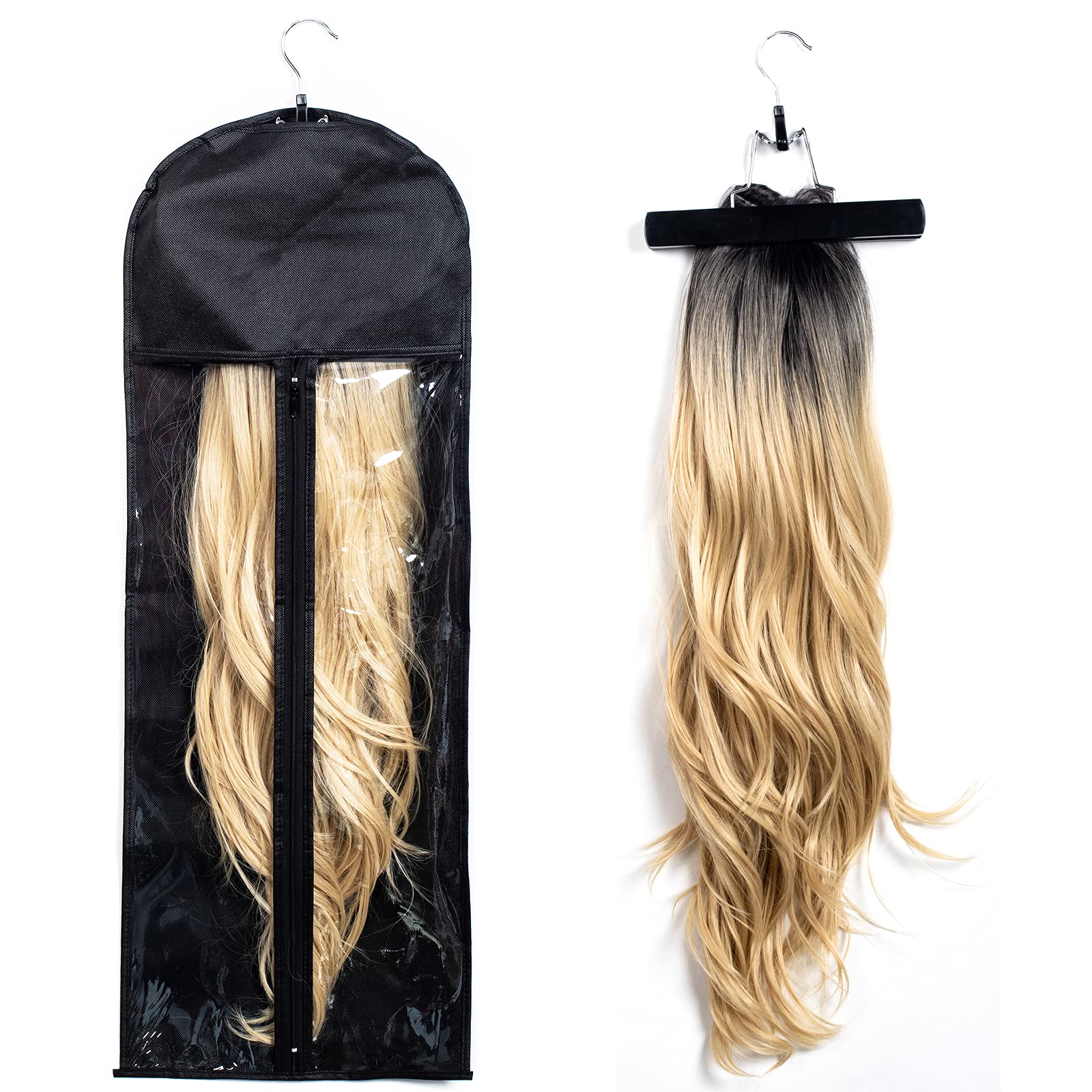 1 Pack Hair Extension Hanger with Storage Bag Wig Holder Storage Bag Bundles Hairpieces Ponytail Wig Carrier Case with Hanger for Store Style Hair Travel Pink Color