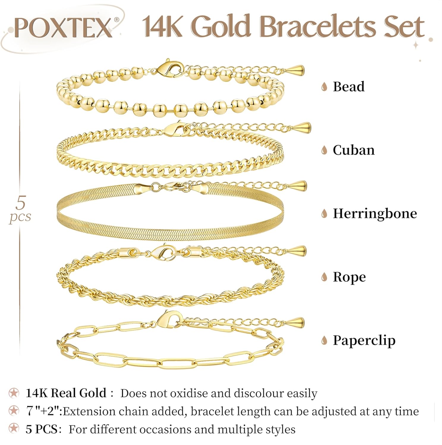 Poxtex Gold Bracelets for Women, 14K Real Gold Dainty 7