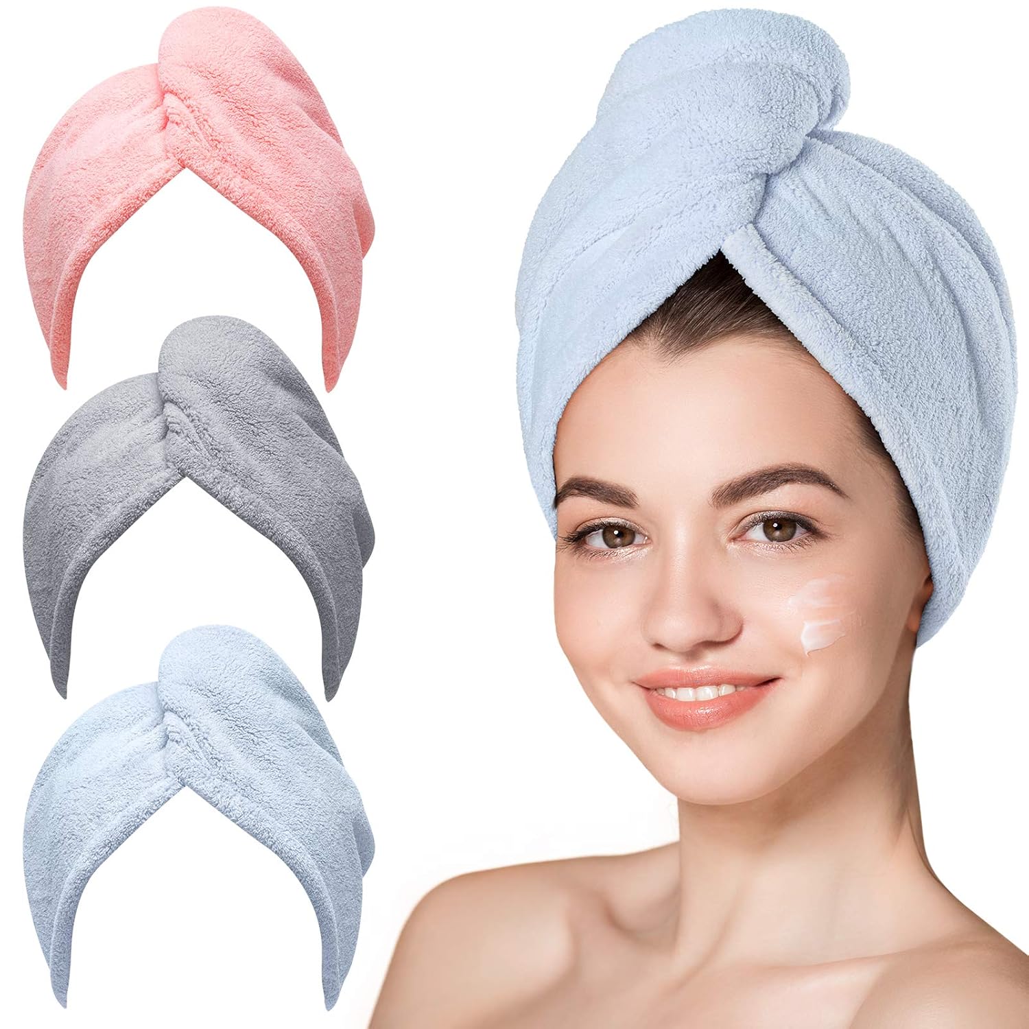 3Pcs Microfiber Hair Towel Turbans for Wet Hair, Anti-Frizz Drying Wraps for Curly Hair Women (Blue, Grey, Pink)
