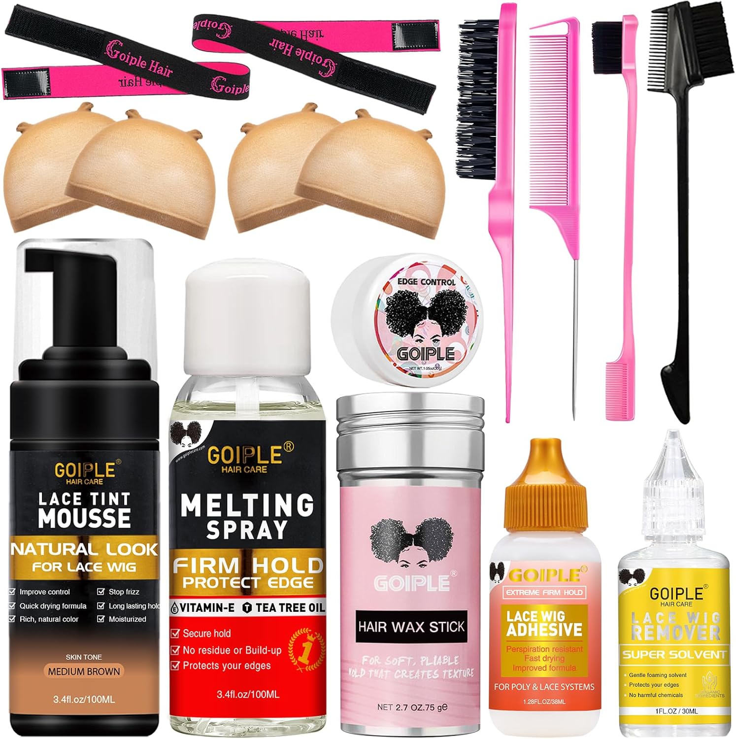 Lace Tint Melting Hair Mousse, Lace Tint Mousse for Women Hair Wigs Wigs Toupees and Hairpieces Natural Finishing Color, Melting Spray Tool Set (Medium Brown)