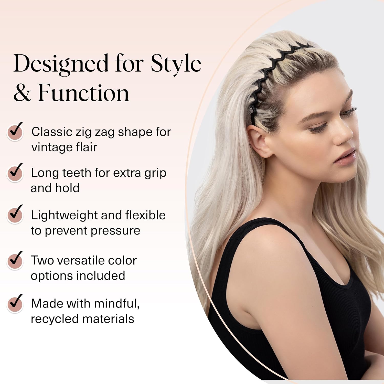 Kitsch Zig Zag Headbands – Non-Slip Comb Teeth for Slicked Back Styles (Tortoise & Black, 2 Pcs)