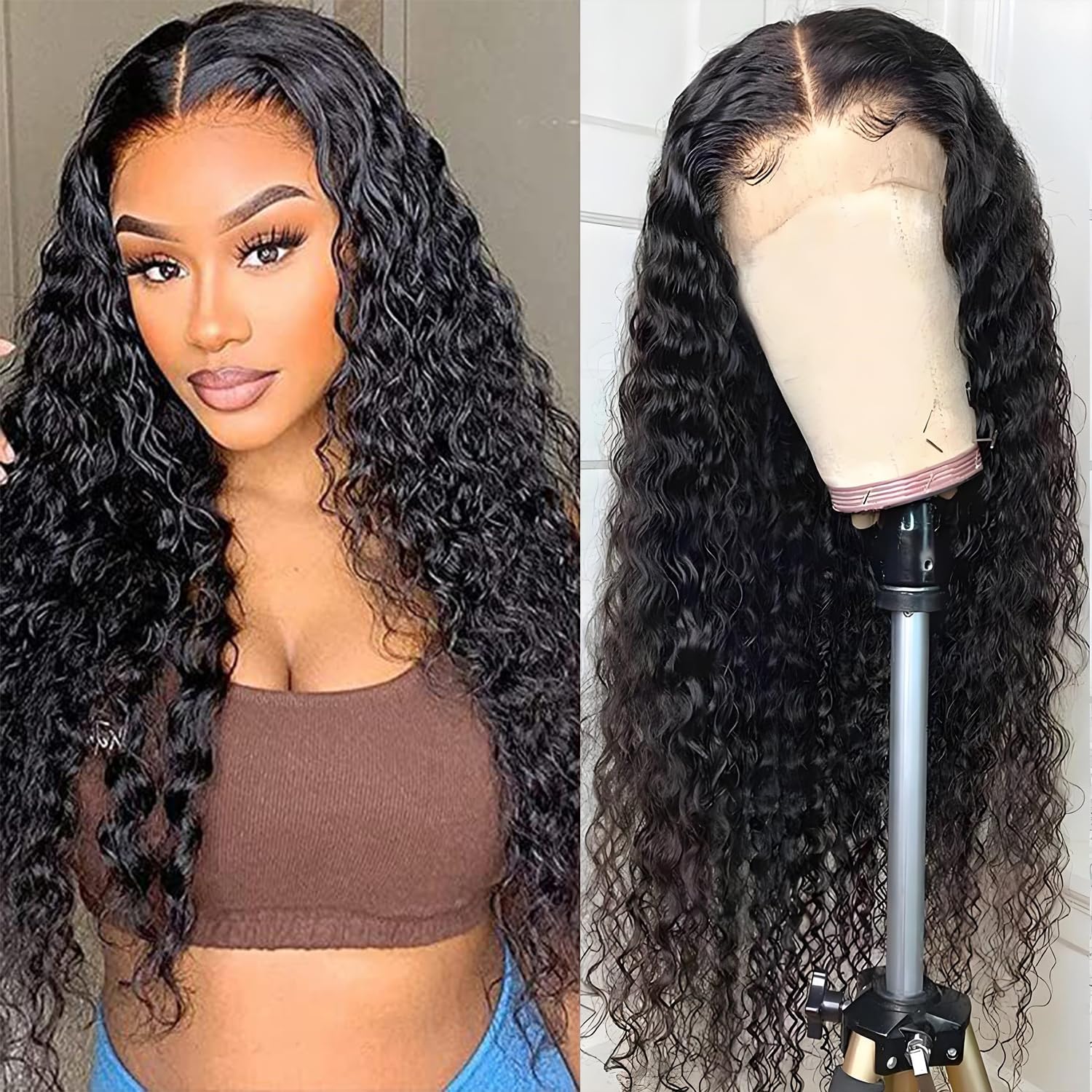 18 Inch Deep Wave Lace Front Wigs Human Hair 13x4 Middle Brown Lace Frontal Wig for Black Women 180% Density Wet and Wavy Wig with Baby Hair Natural Color