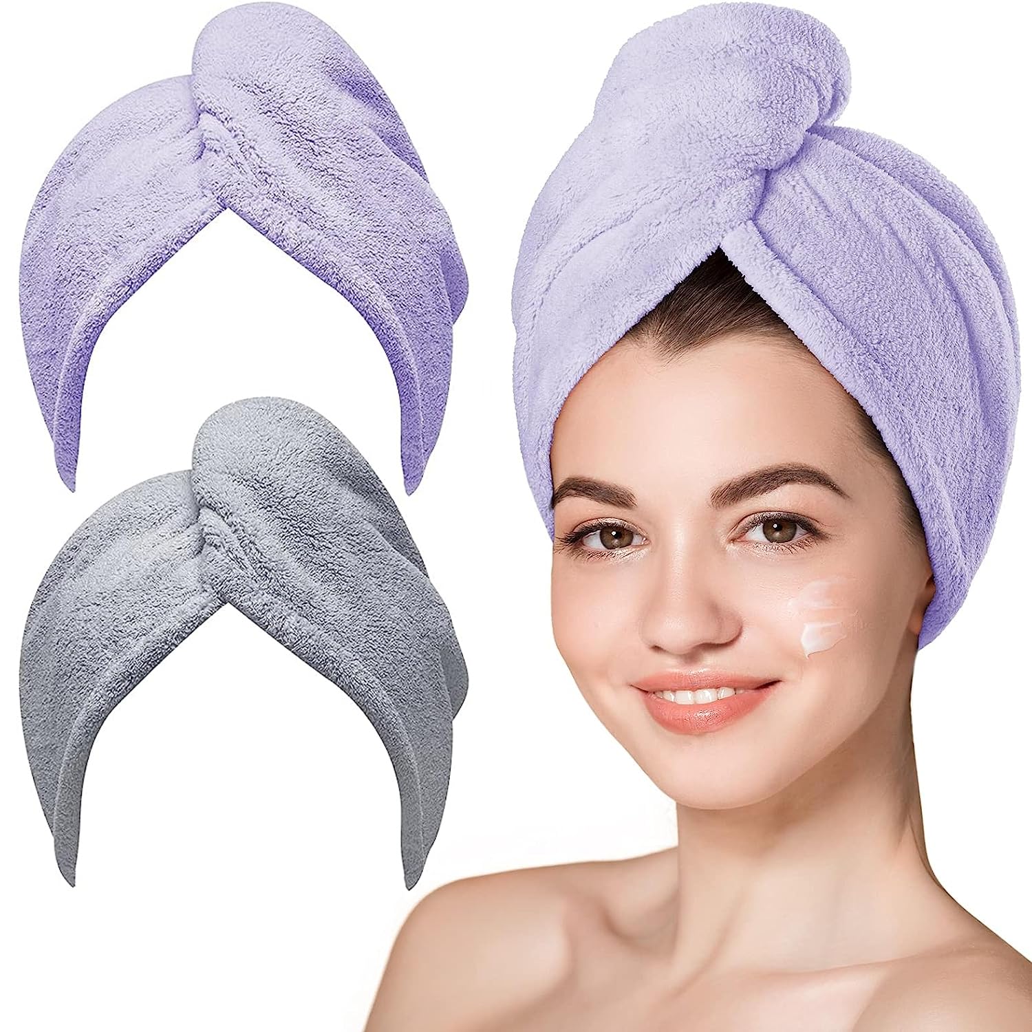 3Pcs Microfiber Hair Towel Turbans for Wet Hair, Anti-Frizz Drying Wraps for Curly Hair Women (Blue, Grey, Pink)