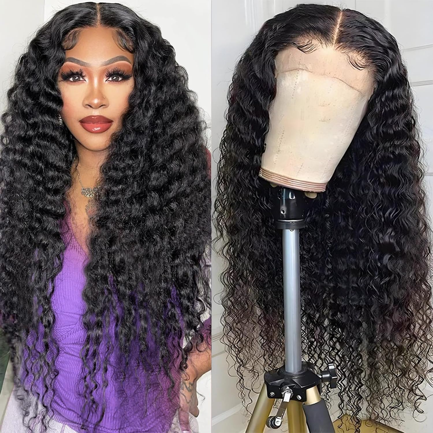 18 Inch Deep Wave Lace Front Wigs Human Hair 13x4 Middle Brown Lace Frontal Wig for Black Women 180% Density Wet and Wavy Wig with Baby Hair Natural Color