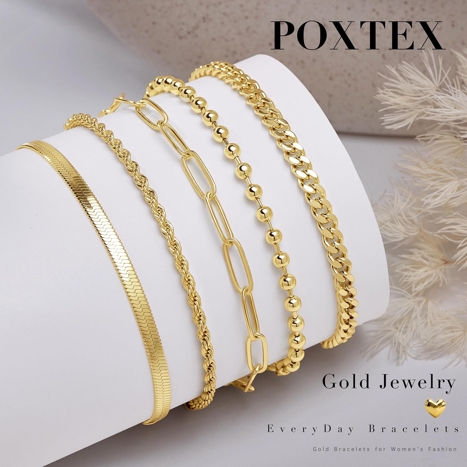 Poxtex Gold Bracelets for Women, 14K Real Gold Dainty 7
