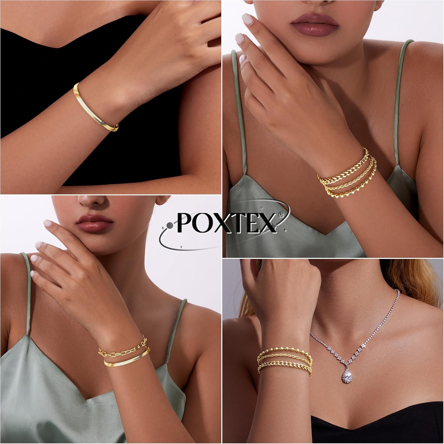 Poxtex Gold Bracelets for Women, 14K Real Gold Dainty 7
