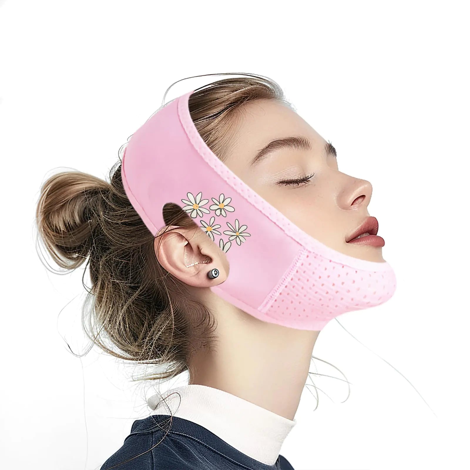 Yuibthr Chin Strap for Sleeping Floral White Flower Daisy V Line Lifting Mask Reusable Face Strap Jaw Exerciser (pink)